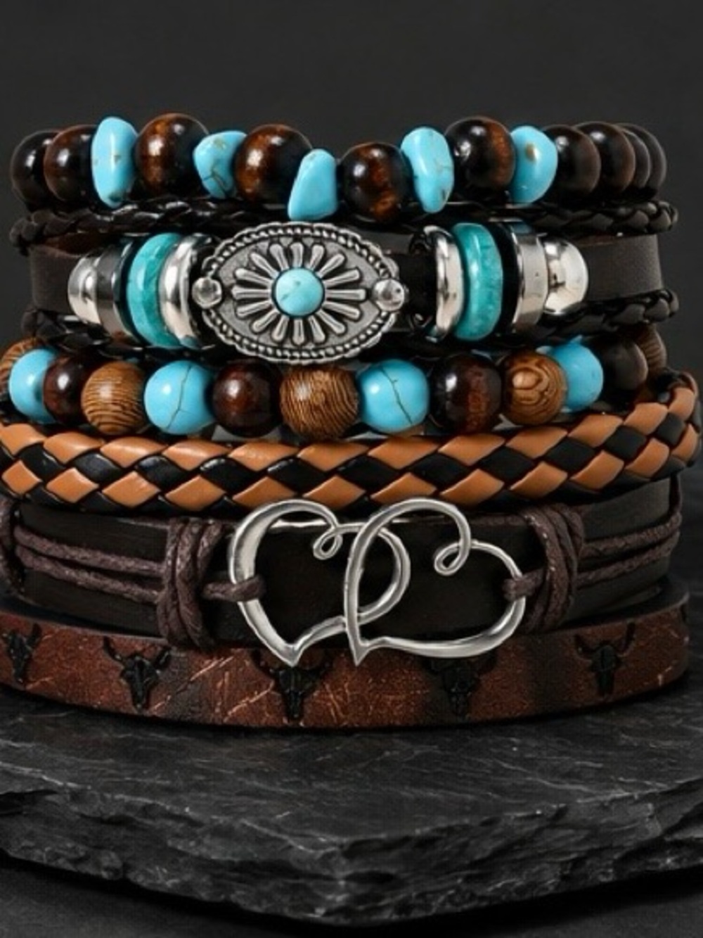 Women's Layered Brown & Turquoise Beaded Bracelet Set